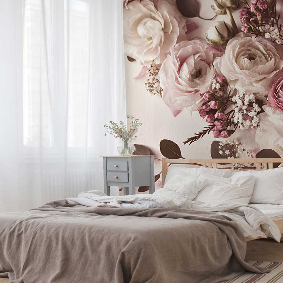 bett, bettwäsche, blumenmuster, wandtapete, nachtisch