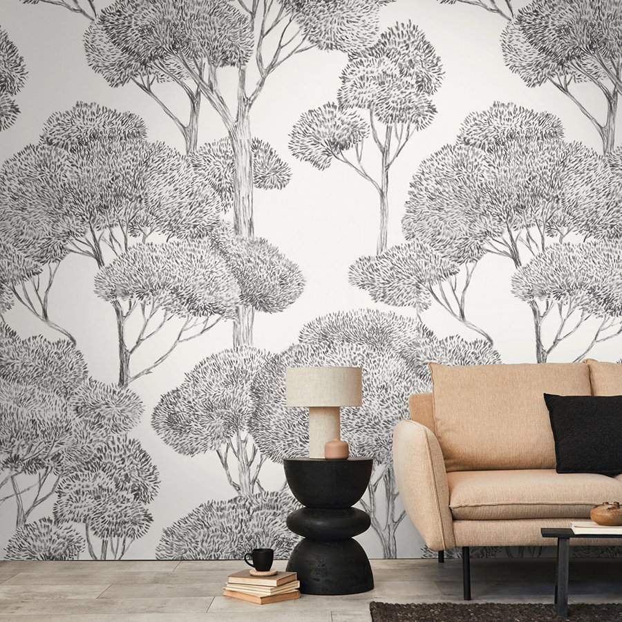 Wandtapete, Baum Muster, Monochrom, Wohnzimmer, Schwarz-Weiß