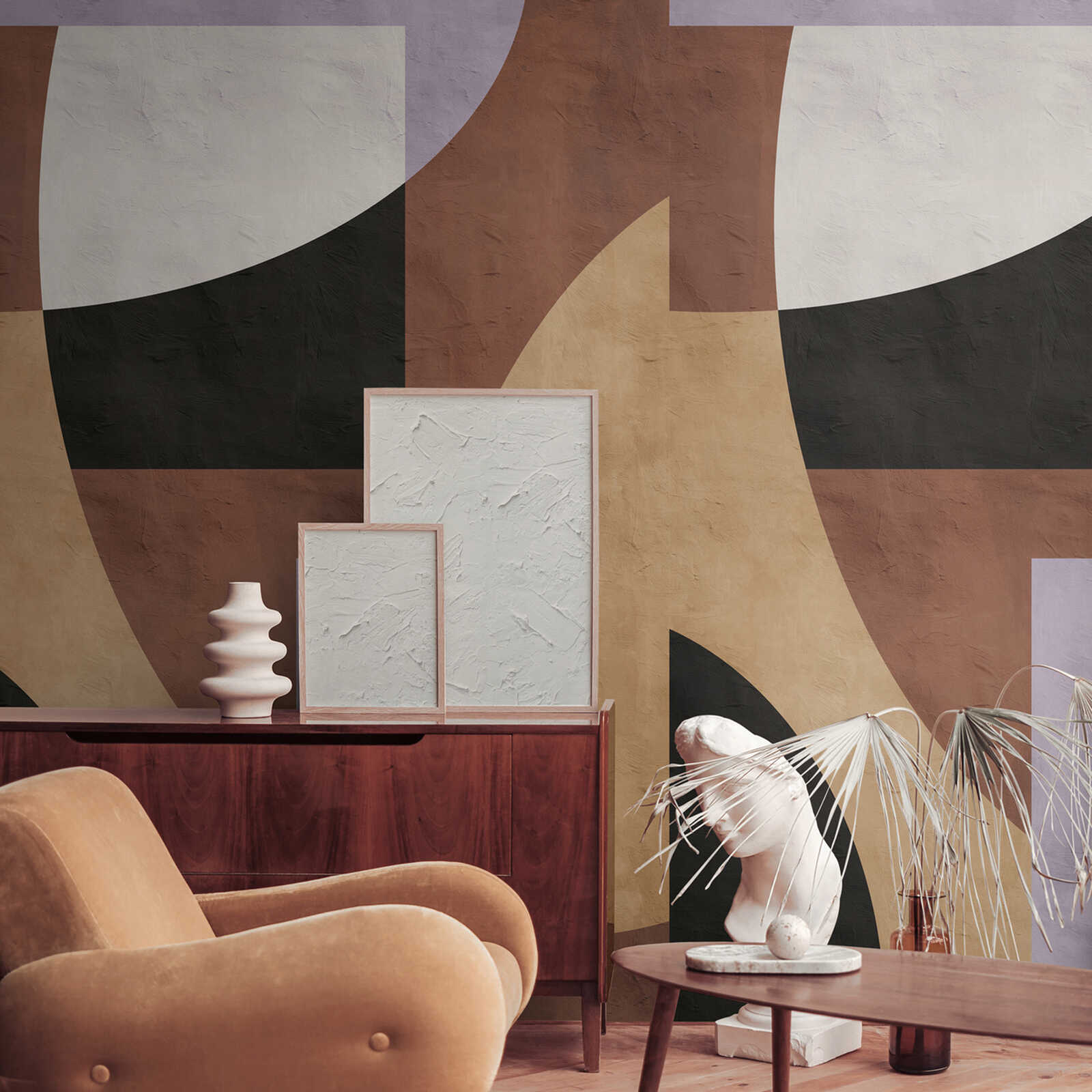 Grafische Bauhaus-Stil Vliestapete mit einer großflächigen Musterwiederholung – Braun, Beige, Schwarz