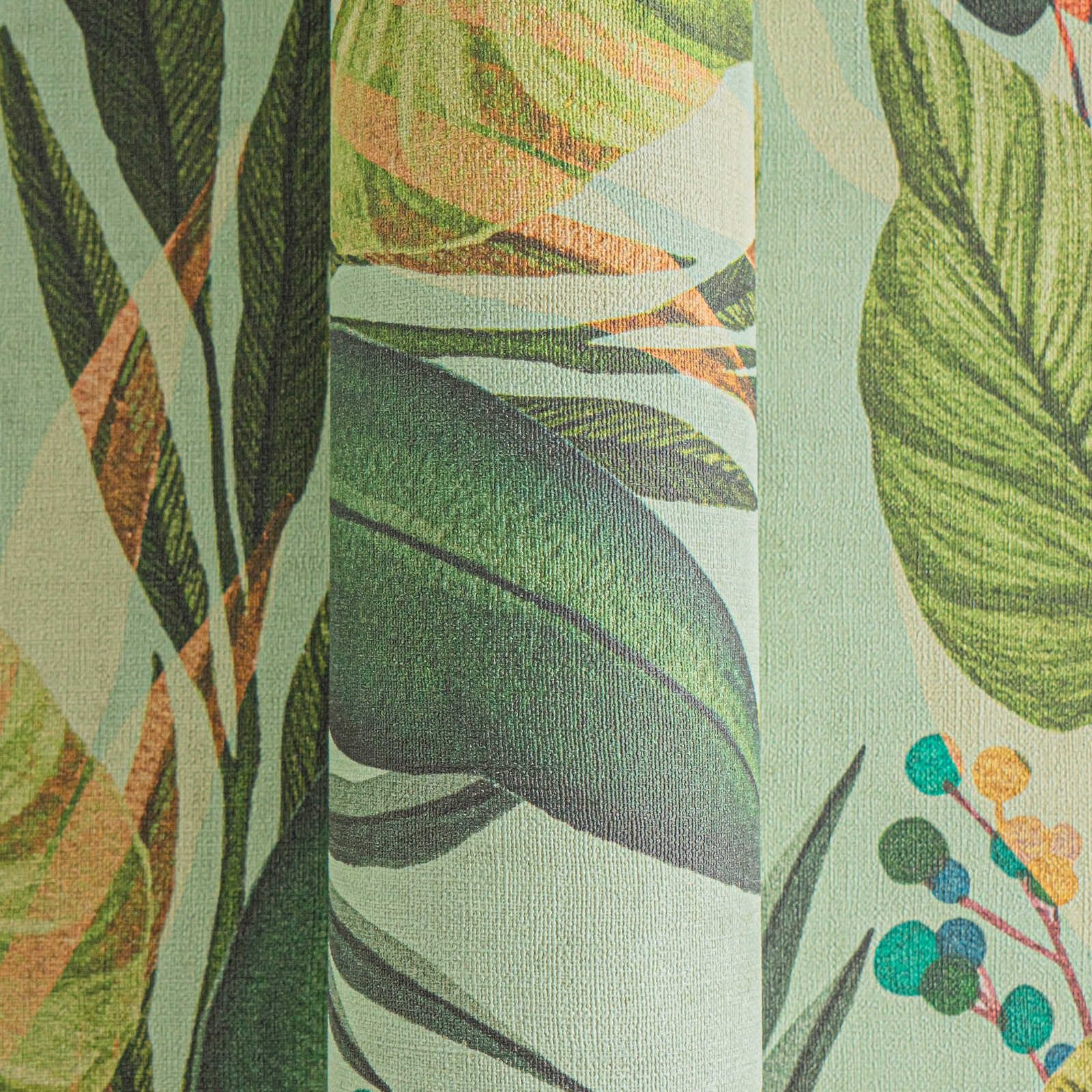             Wilde Vliestapete mit tropischem Blättermuster, einfach strukturiert – Grün, Blau
        