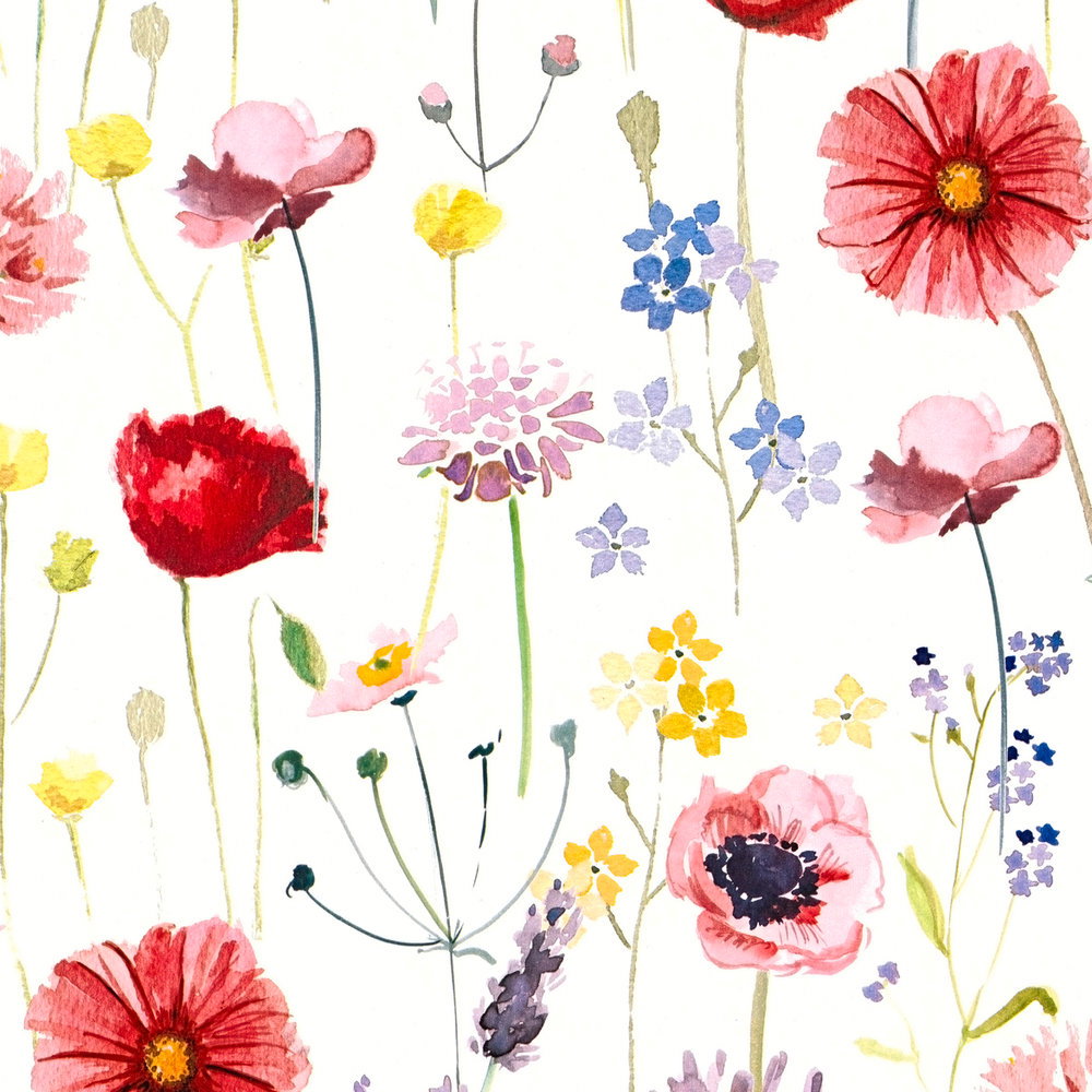 Blumen Papiertapete Blüten Aquarell – Bunt, Weiß