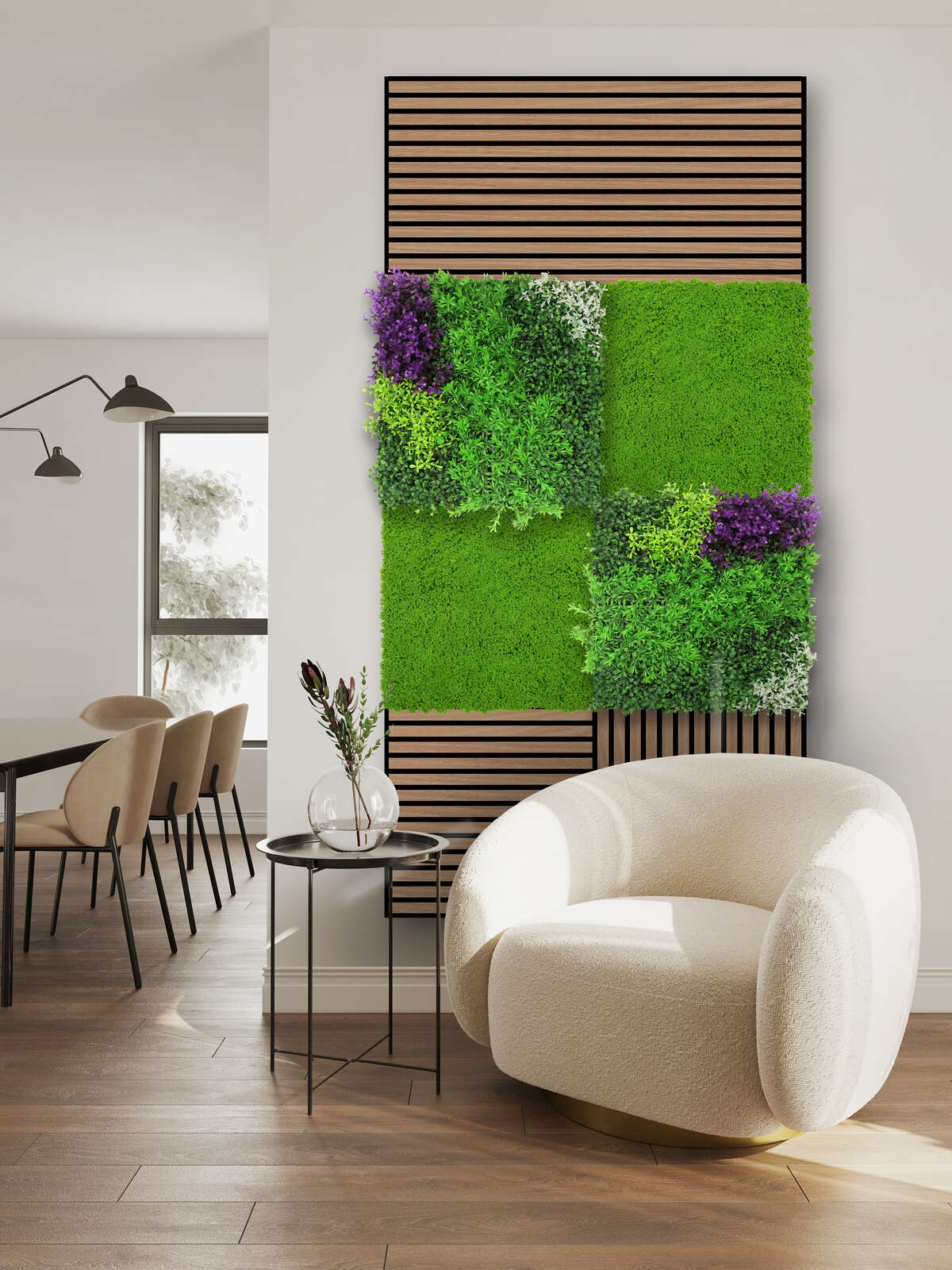 wohnraumdeko, pflanzenwand, grünelement, Lounge-Sessel, holzlattenwand
