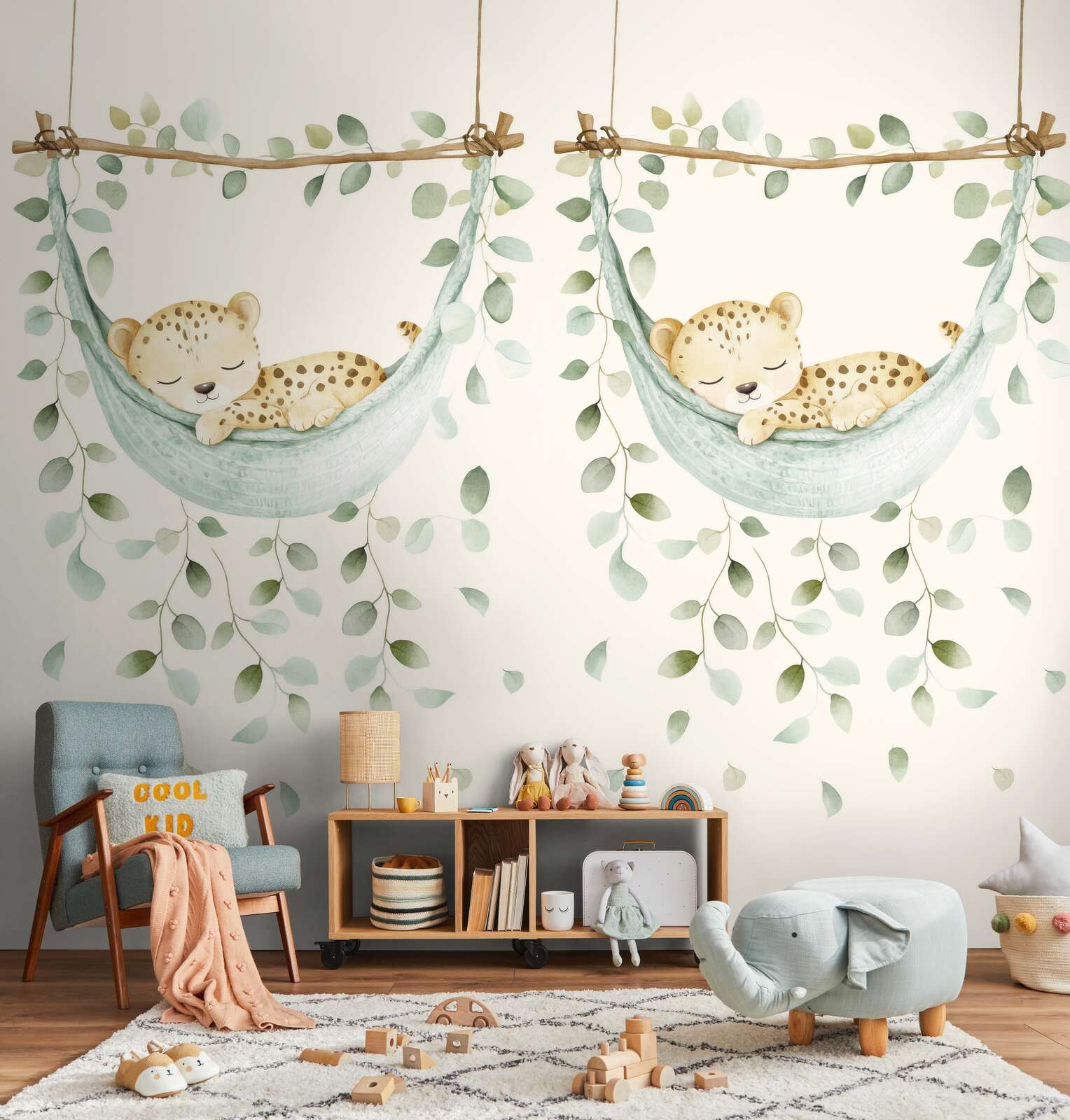 wanddekoration, leopardenkuscheltier, himmelbett, spielzimmer, wandtattoo