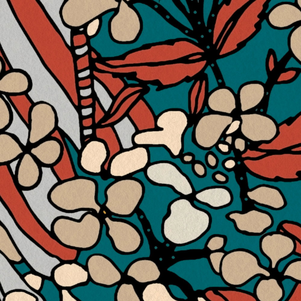             Blumen Tapete Petrol im 70er Retro Design – Bunt, Gelb, Blau
        