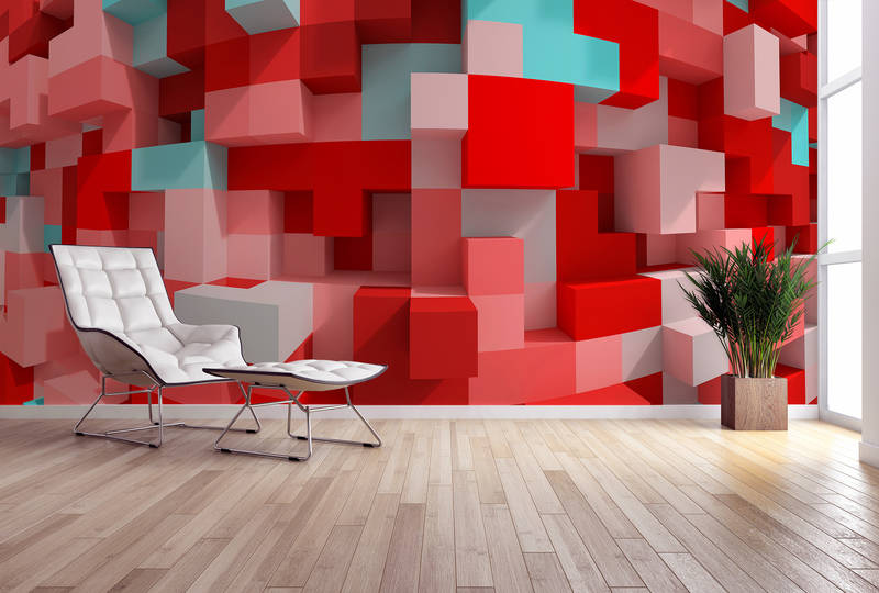             Modern Art Fototapete – 3D Vliestapete in farbiger Blockoptik – Rot, Bunt
        