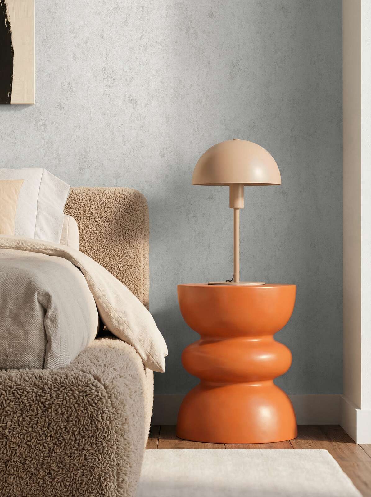 Lampe, Nachttischlampe, orangefarbene Lampe, runder Sockel, moderner Stil