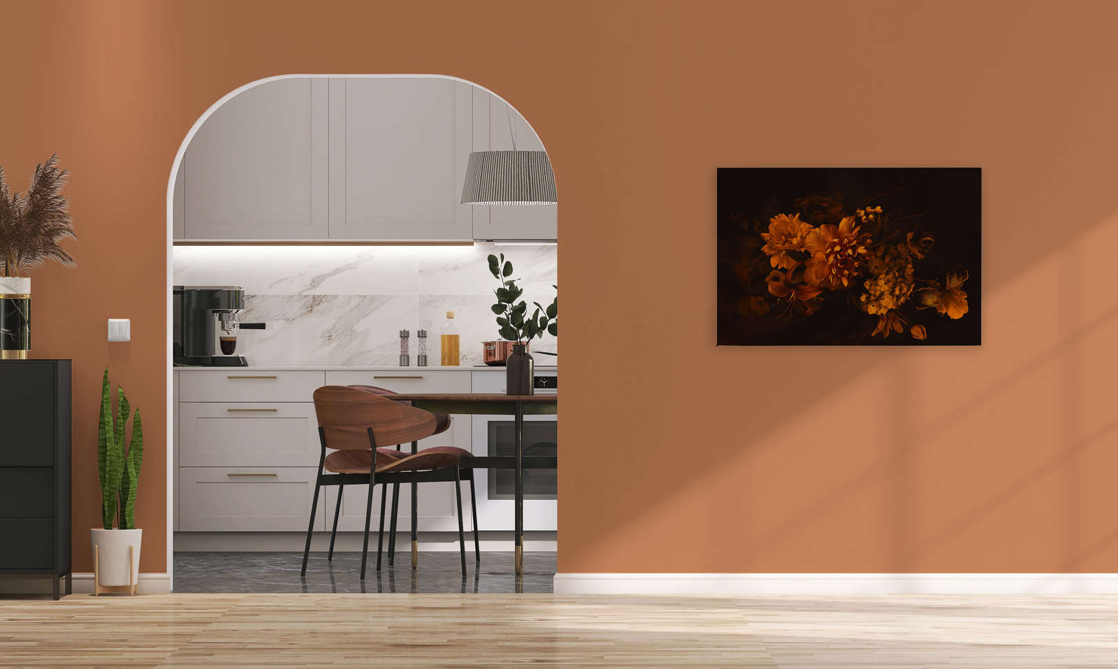             Leinwand mit Botanical-Style Blumenstrauß | orange schwarz – 0,90 m x 0,60 m
        