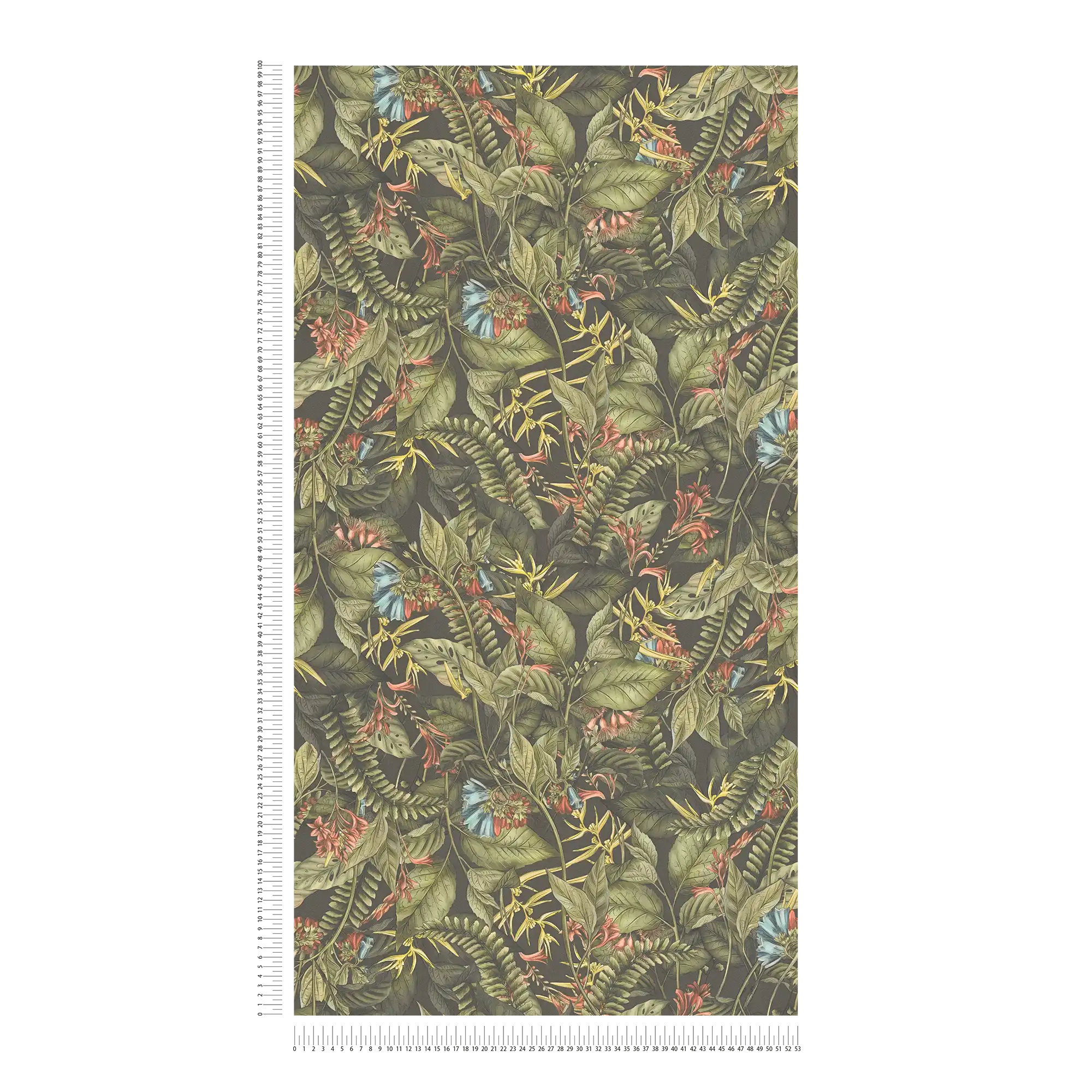             Tapete mit Blättern & Blüten im floralen Stil strukturiert matt – Grün, Dunkelgrün, Rot
        