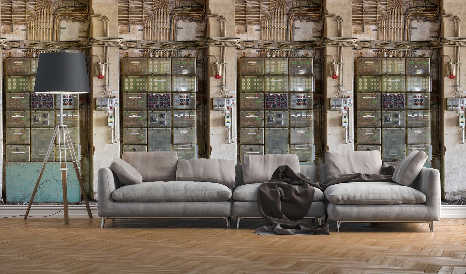             Vliestapete mit altem Sicherungskasten und Leitungen – Bunt, Creme, Beige
        