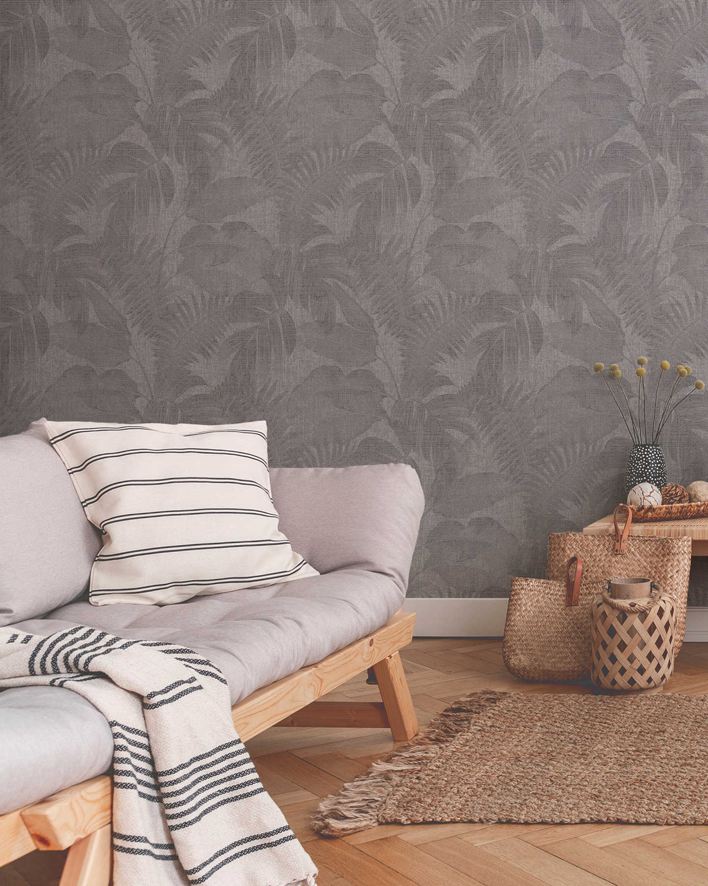 Boho Dschungel-Tapete mit Leinen Optik – Braun, Grau, Beige