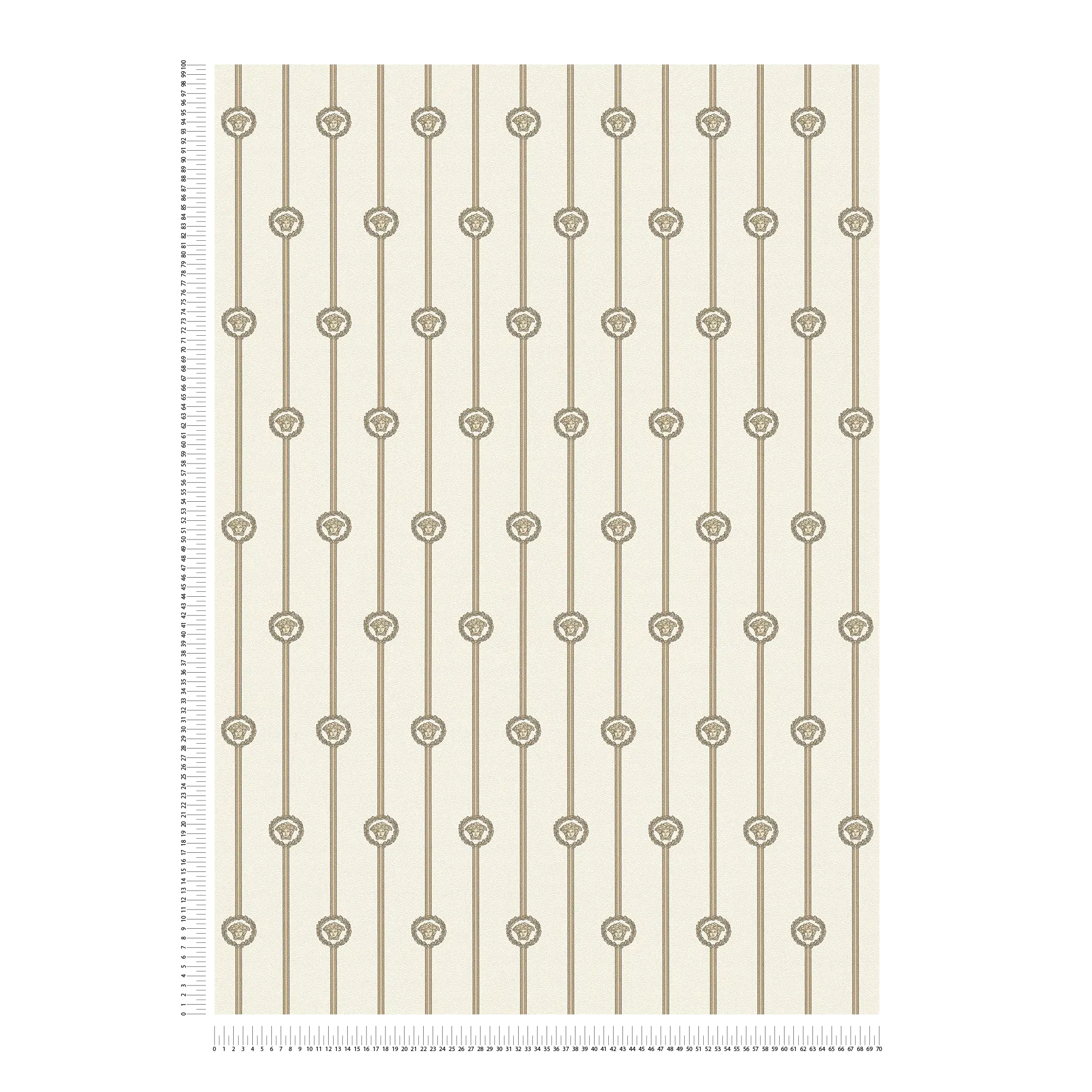             VERSACE non-woven wallpaper in baroque style with vertical Medusa medallions slightly shiny slightly textured - white, black, metallic
        