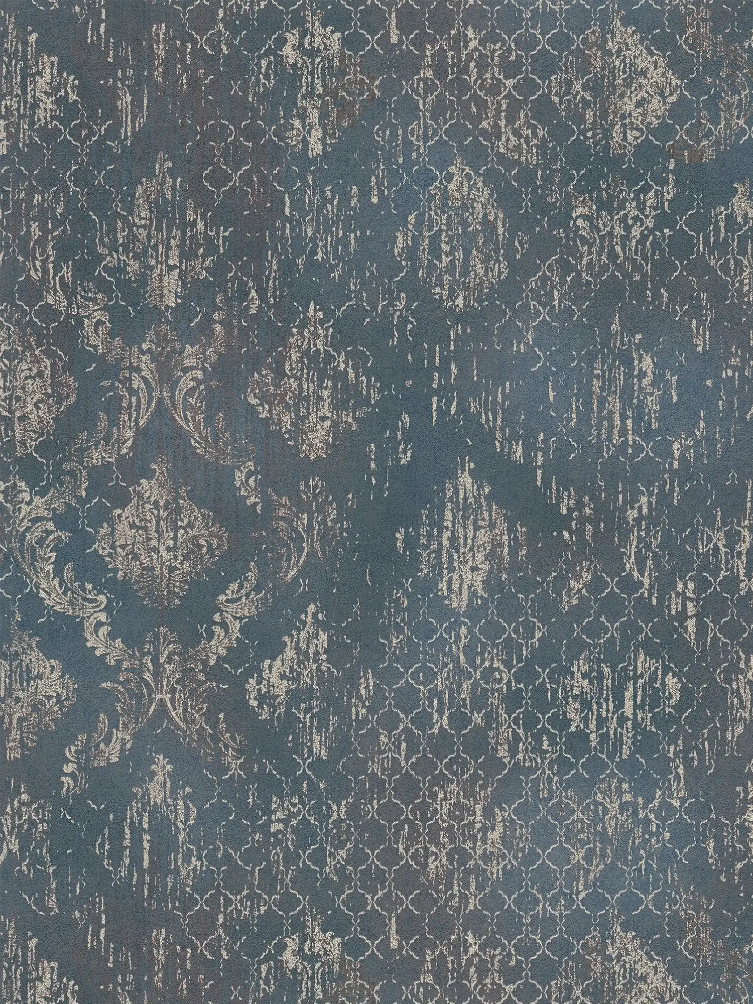         Detailreiche Vliestapete mit schimmernden Ornamenten und feiner Struktur – Blau, Silber, Metallic
    