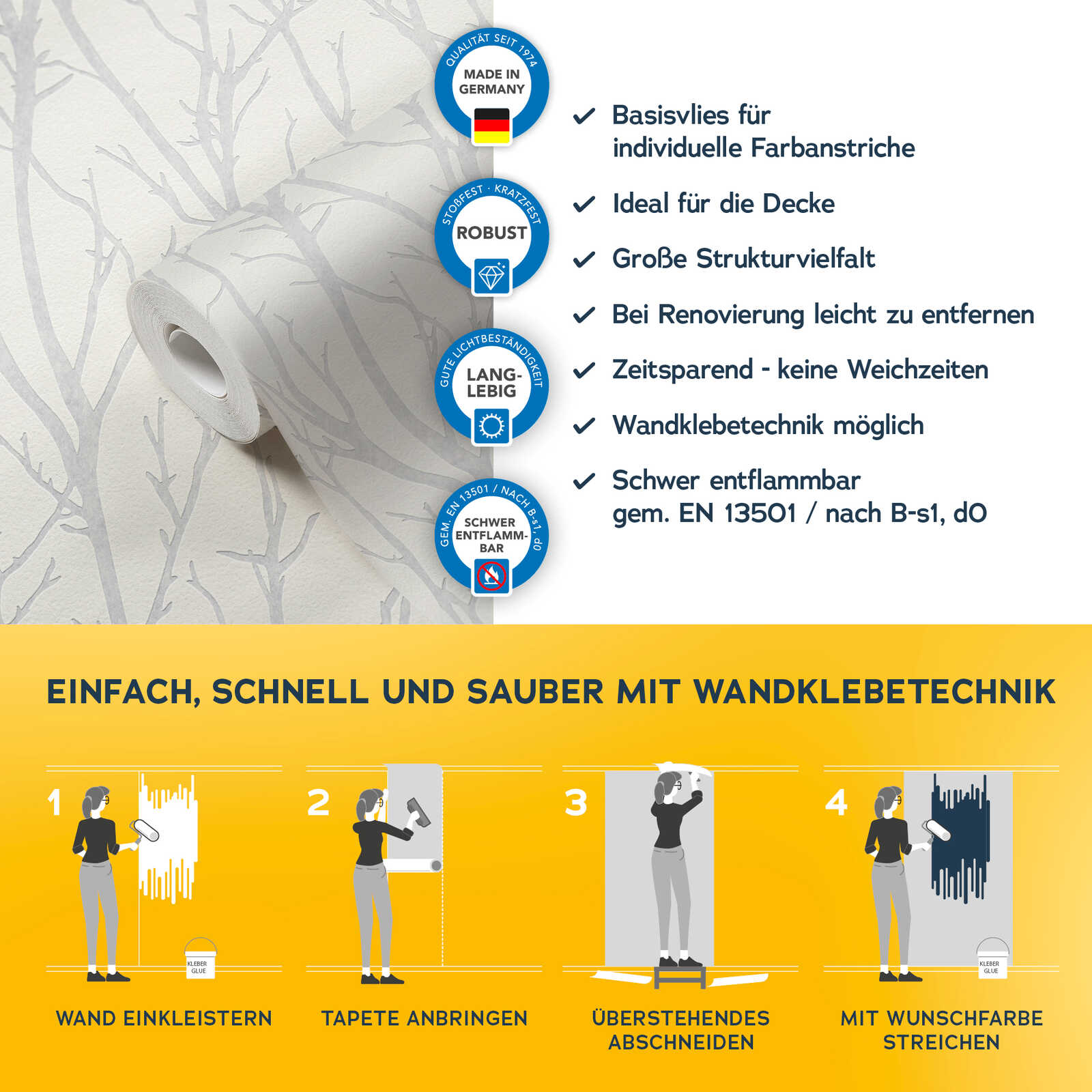            Überstreichbare Tapete mit Ast-Motiv und 3D-Optik – Überstreichbar, Weiß
        
