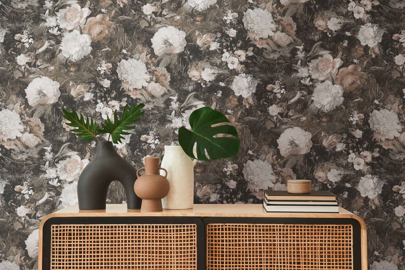             Vintage Blumentapete Klassik Rosen-Muster – Creme, Braun
        