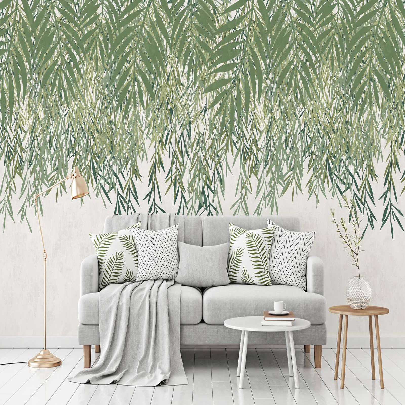         papier peint en papier intissé avec grand motif de feuilles sur imitation béton - vert, crème, gris
    