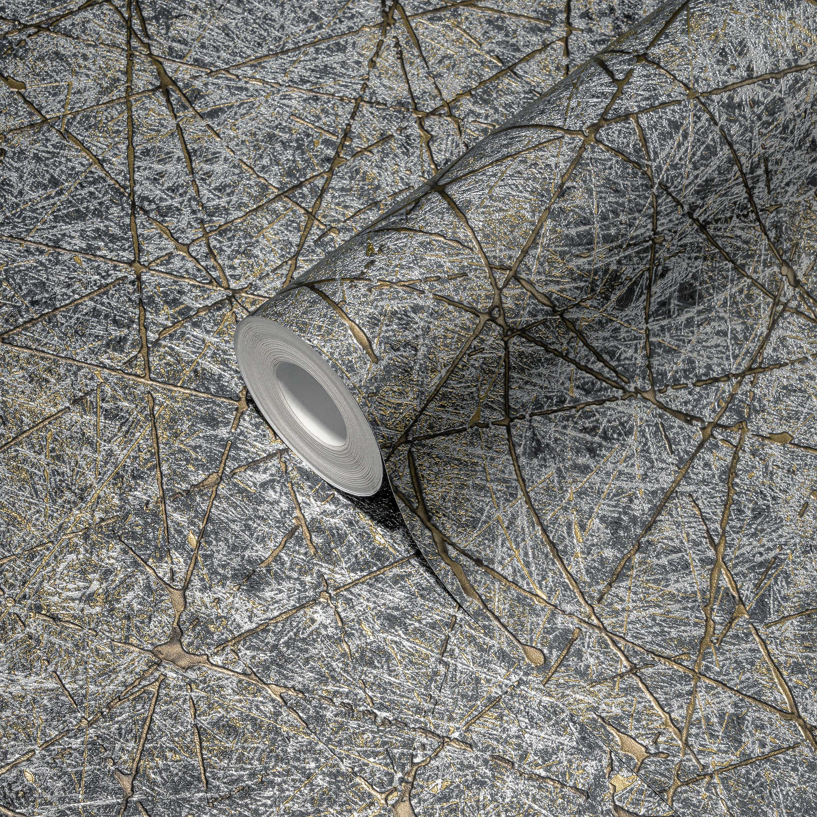             Vliestapete mit abstrakten Grafikmuster – Schwarz, Gold, Silber
        