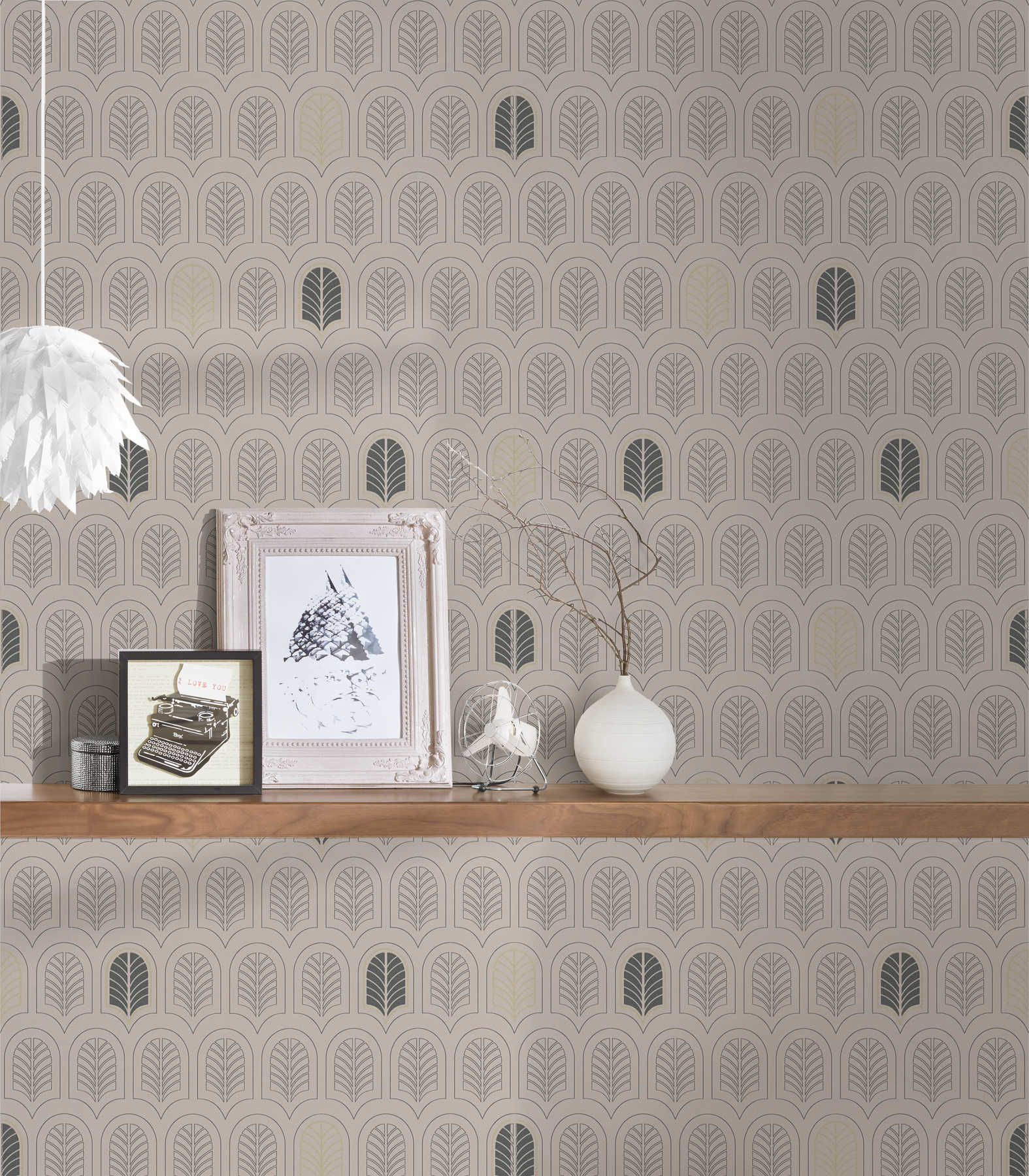             Tapete Art Déco mit Metallic & Glitzer-Akzenten – Taupe, Anthrazit, Beige
        