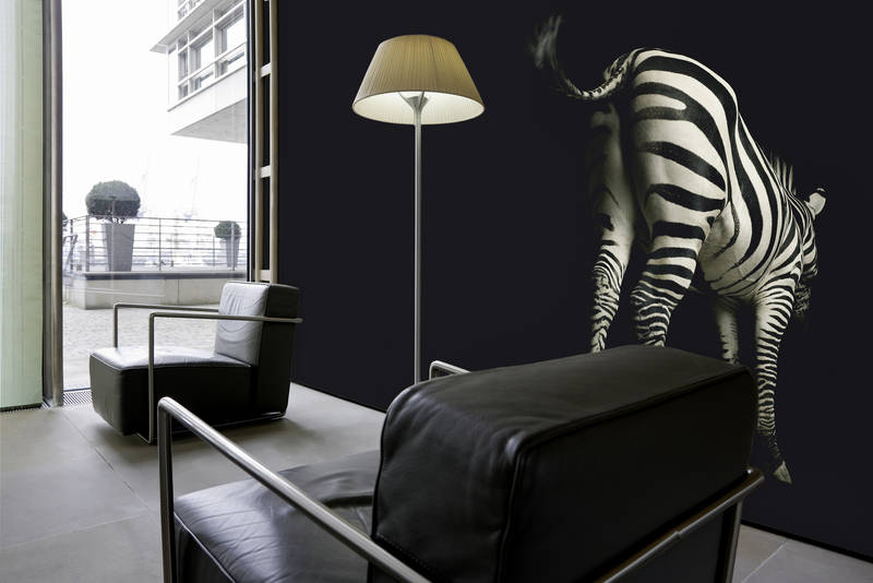 zebra mural, zebra wallpaper, floor lamp, sofa chair, modern interior