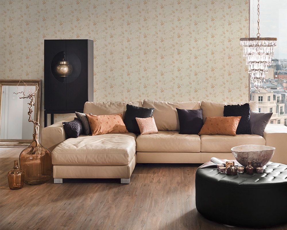 Wohnzimmer mit Papiertapete geblümt AS372529