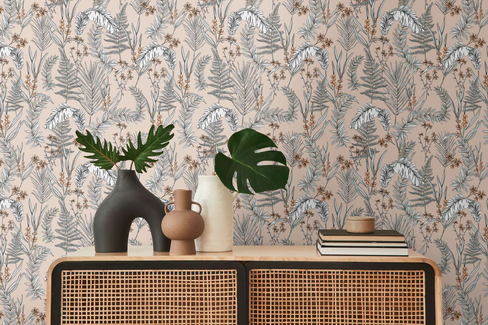             Moderne Tapete Floral mit Blüten & Blättern strukturiert – Rosa, Beige, Weiß
        