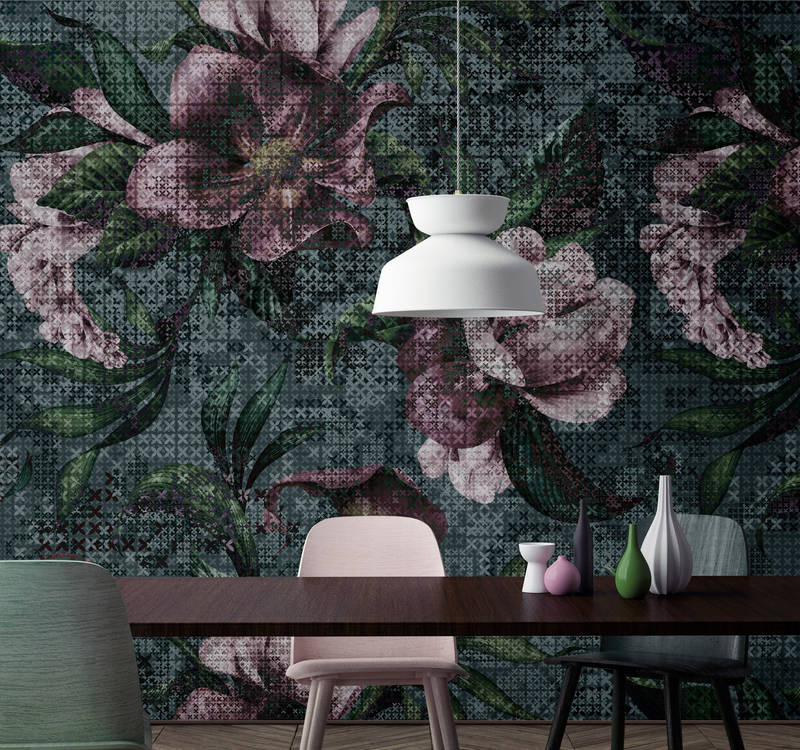 Blumen Fototapete Pixel Design – Grün, Rosa