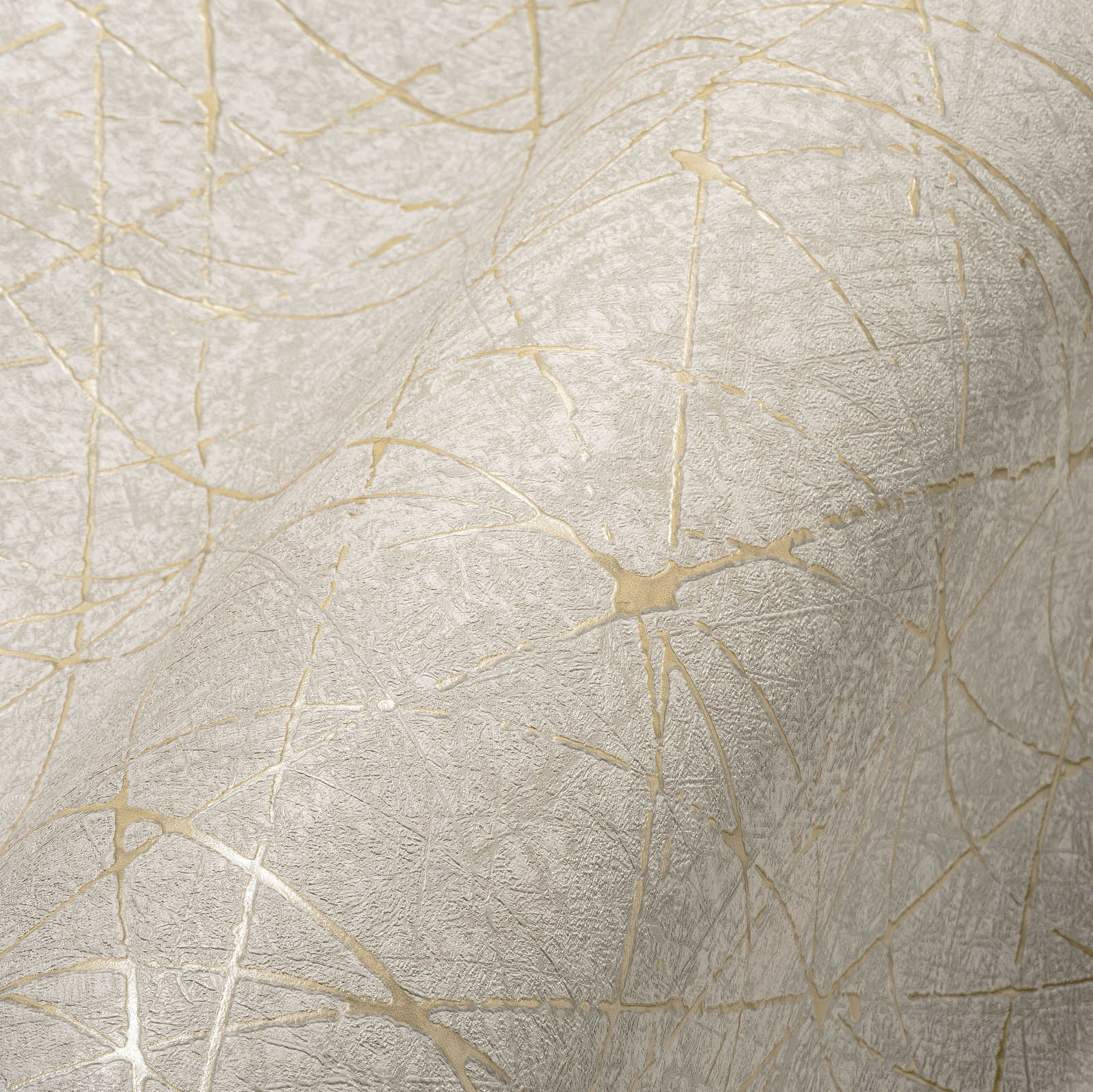             Vliestapete mit grafischen Linien & Metalliceffekt – Creme, Grau, Gold
        