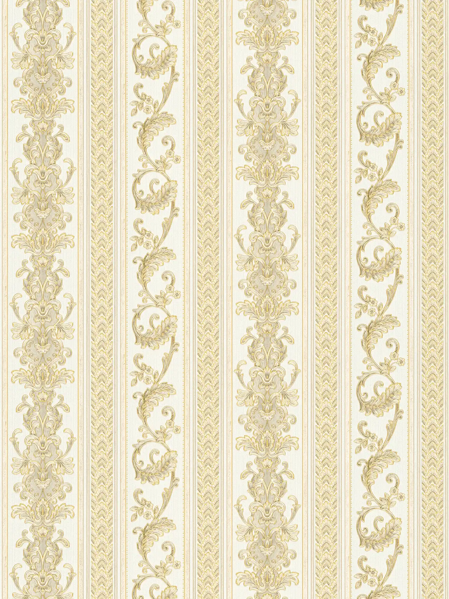         Papier peint baroque à rayures avec motif ornemental - crème, or
    