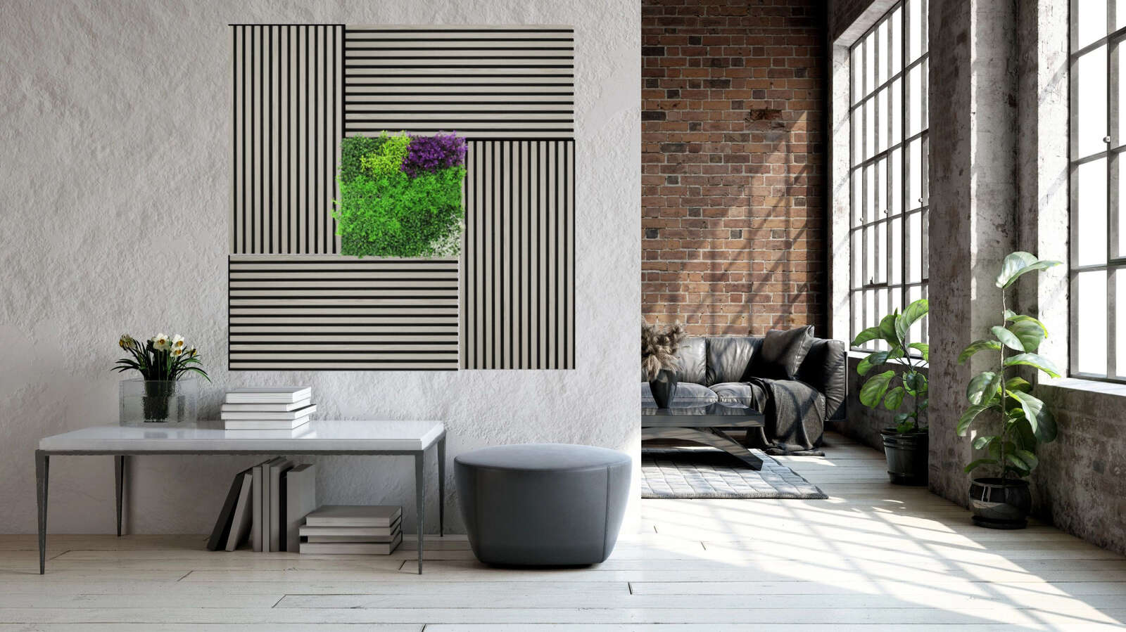 wandbild, gestreiftes panel, pflanzenanordnung, wohnzimmer, hocker