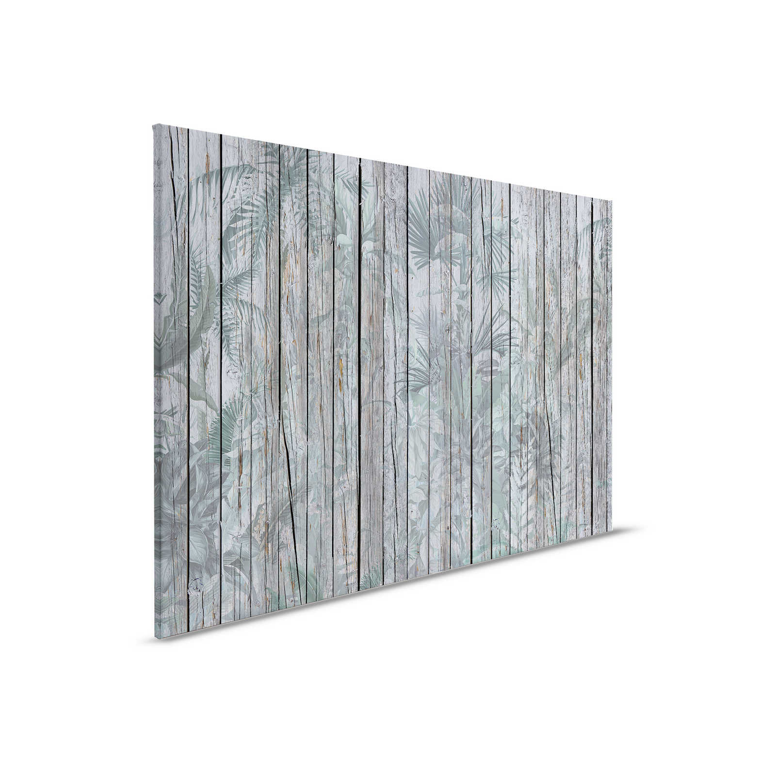 Leinwandbild Holzwand mit Dschungelpflanzen – 0,90 m x 0,60 m