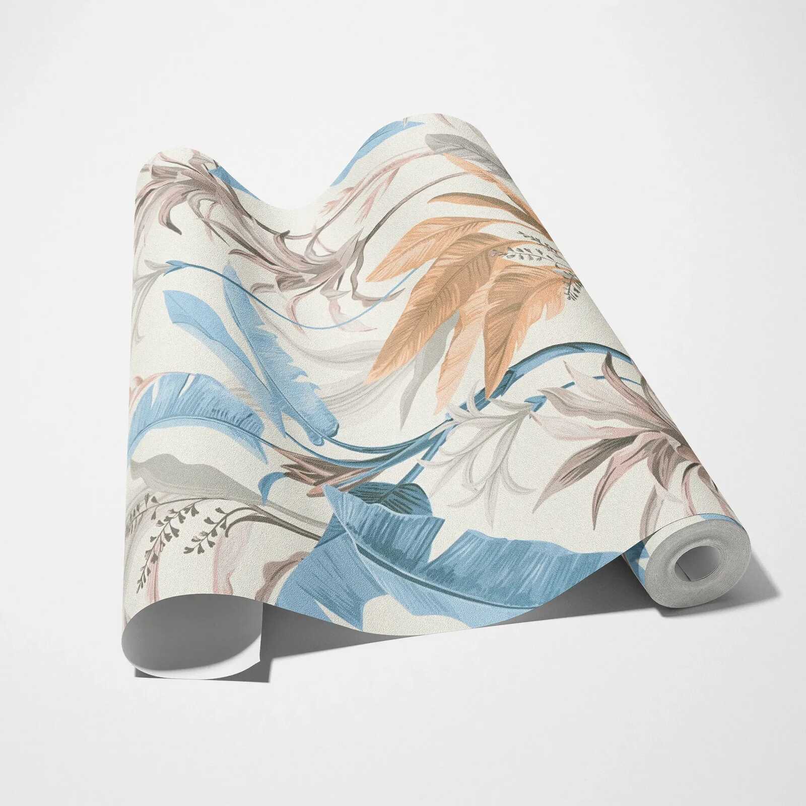             Detaillierte florale Vliestapete mit Blätter Muster - Blau, Grau, Creme
        