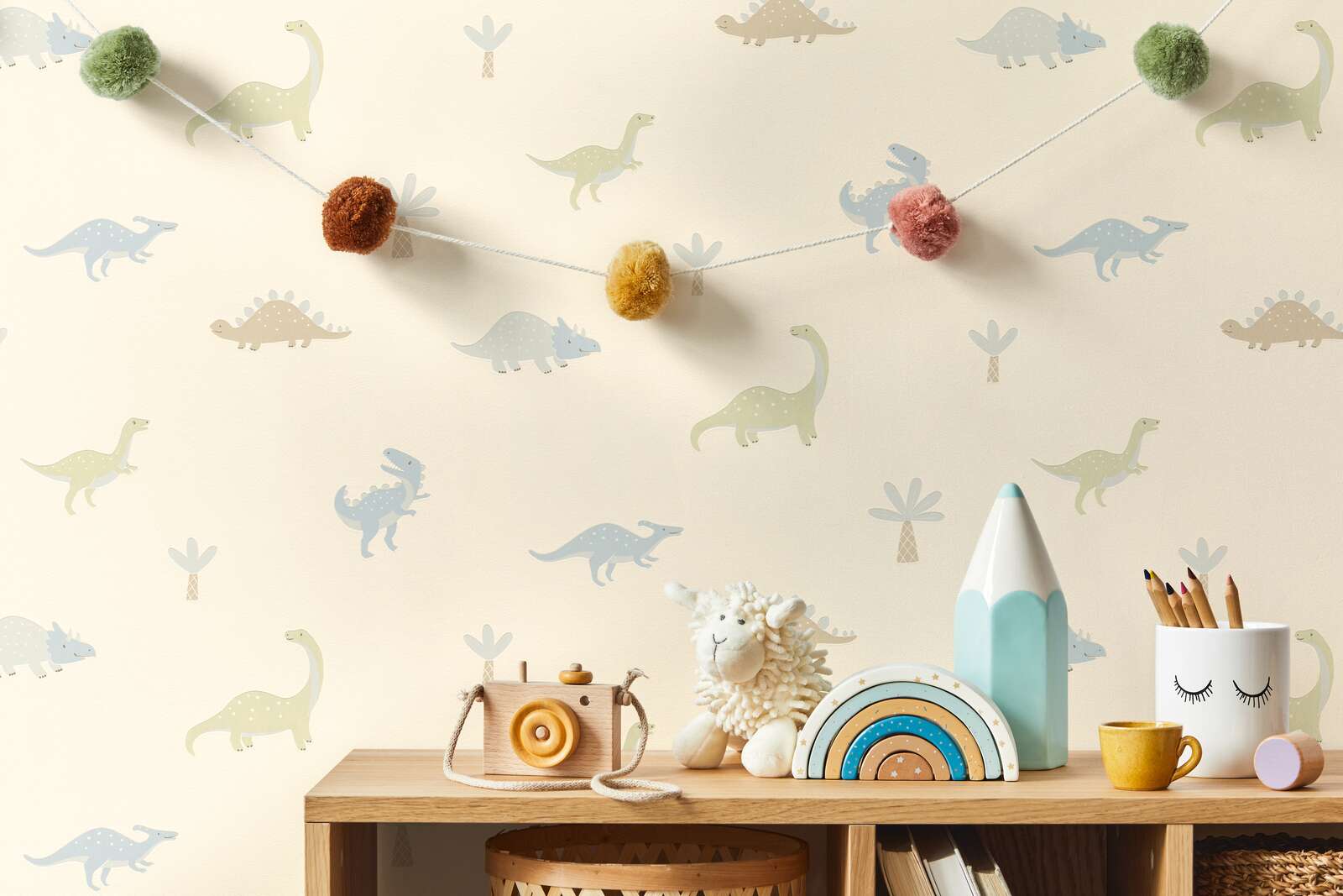 Kinderzimmer, Wanddeko, Dinosaurien, Girlande, Pompons