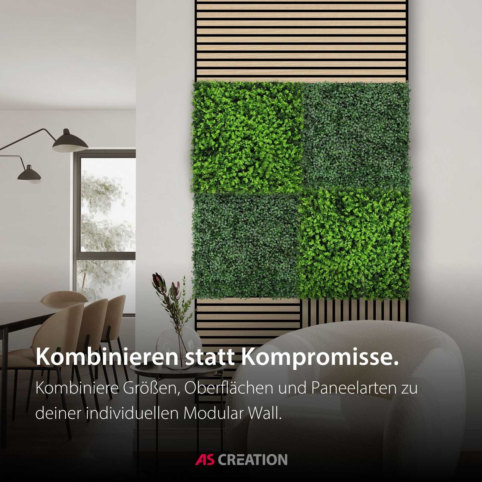 modular wall, vertikaler garten, grüne wand, holzlatten, innenraum dekoration