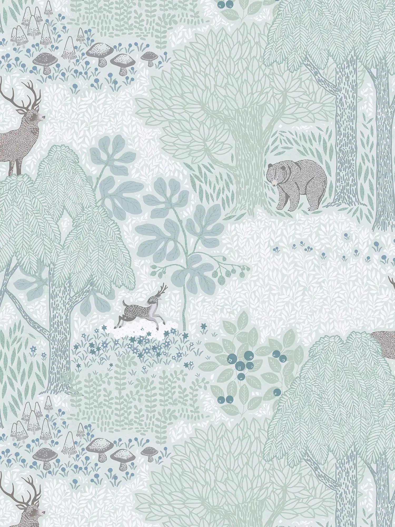             Zauberhafte Wald Kinderzimmer Vliestapete mit Waldtieren für kleine Naturfreunde – Braun, Grün, Weiß
        