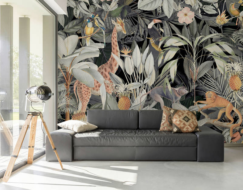 wohnzimmer, wandtapete, tiermuster, jungelmotiv, sofa