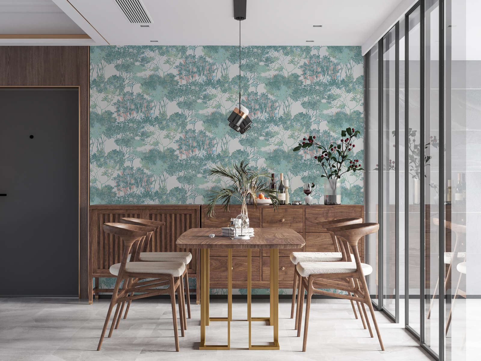             Vliestapete im Dschungelstyle mit Bäumen – Bunt, Grün, Weiß
        