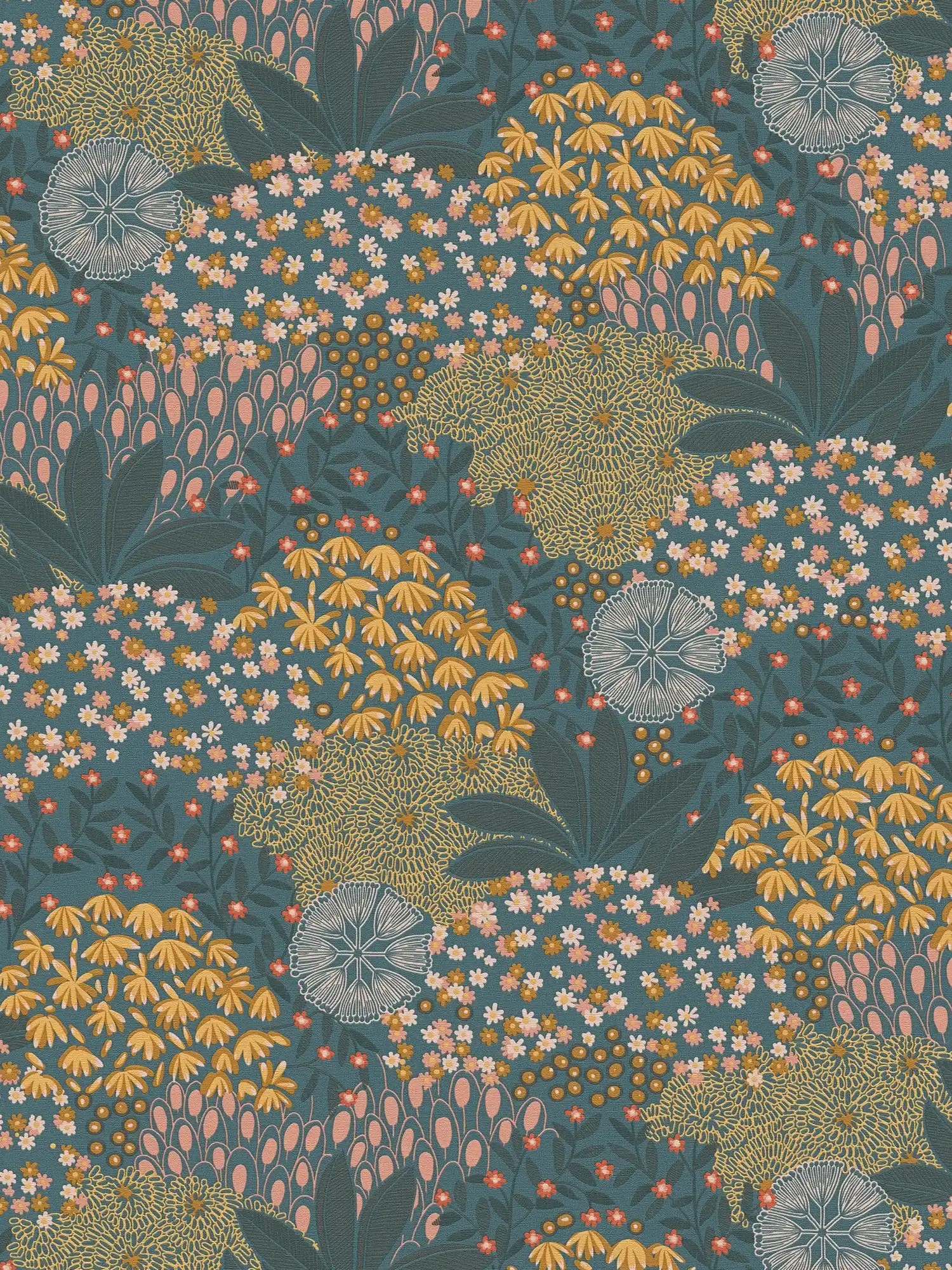 70er Blumentapete buntes Design – Blau, Gelb, Orange