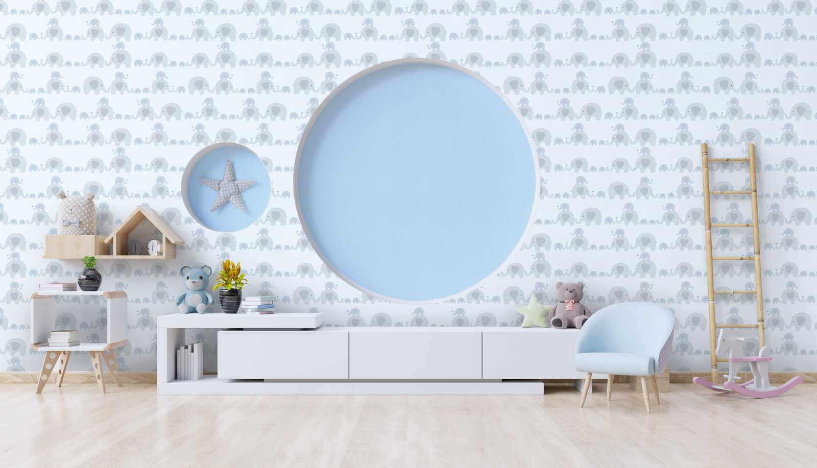 Kinderzimmer Tapete Junge Elefanten – Blau, Grau, Weiß