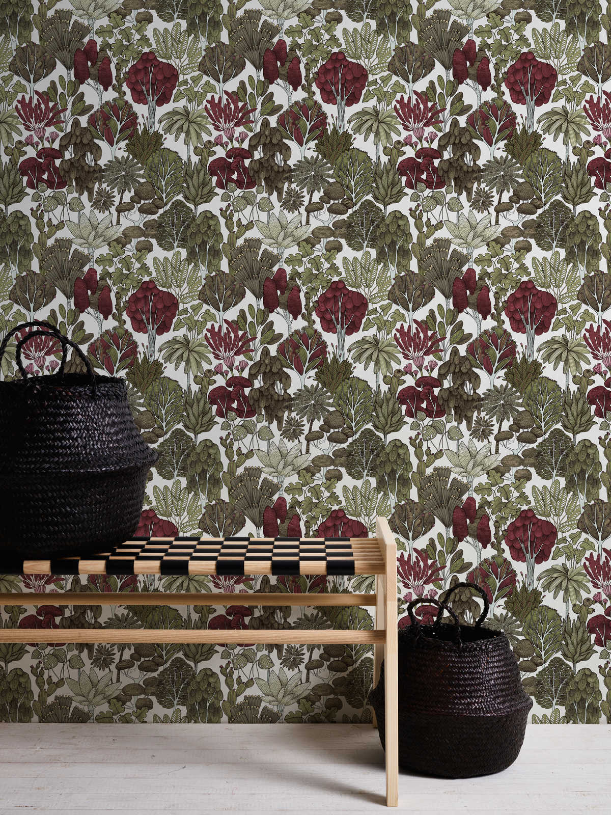             Tapete Bäume & Palmen im Doodle Design – Grün, Gelb, Weiß
        