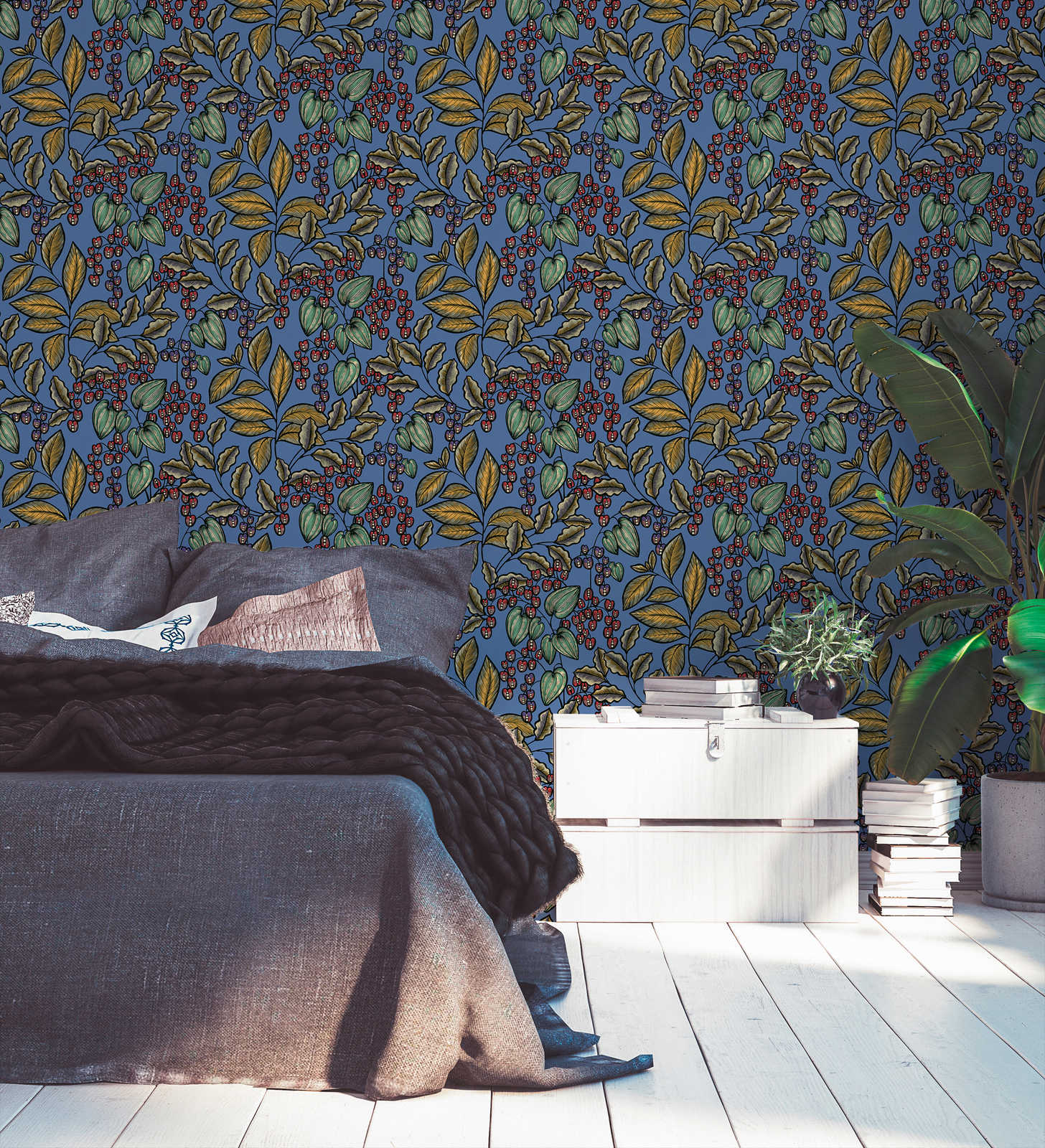 Florale Tapete Blau mit Blätter Design im Scandinavian Look