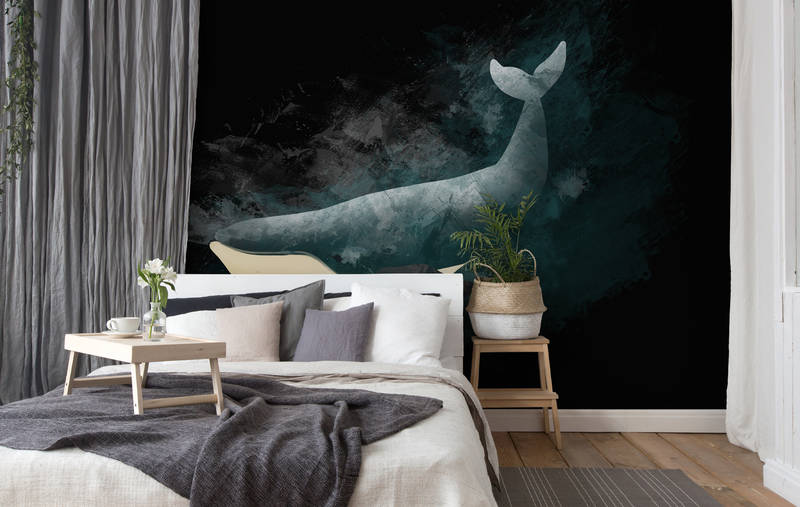 bauzimmer wandbild, meeresmotiv, whale mural, bettzimmer dekor, pflanze montage