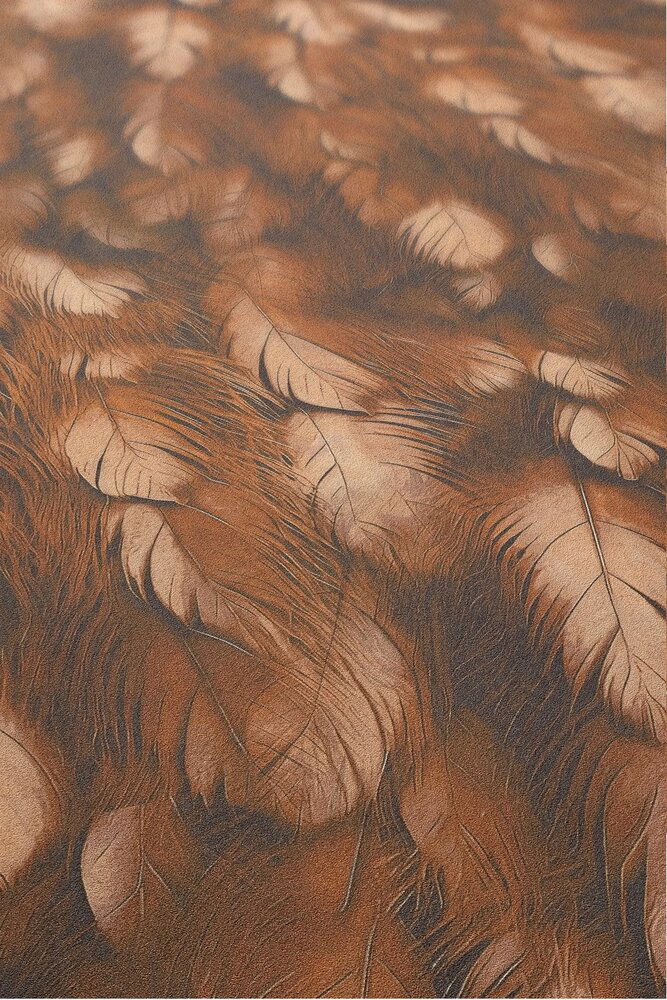             Luxuriöse Vliestapete mit elegantem Feder-Motiv im 3D Look – Kupfer, Orange
        