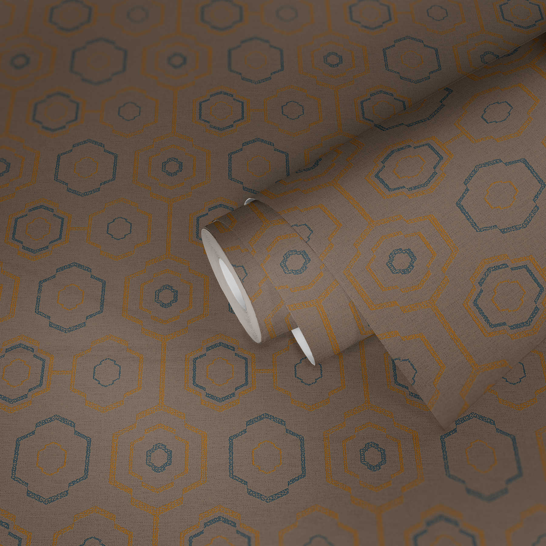 Tapete indigenes Textilmuster mit geometrischem Design – Braun, Blau, Orange