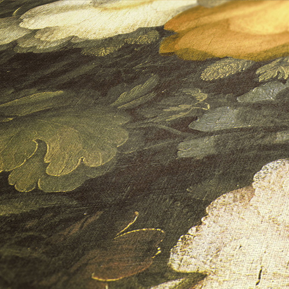             Papier peint fleuri style tableau, aspect canevas - vert, jaune, crème
        