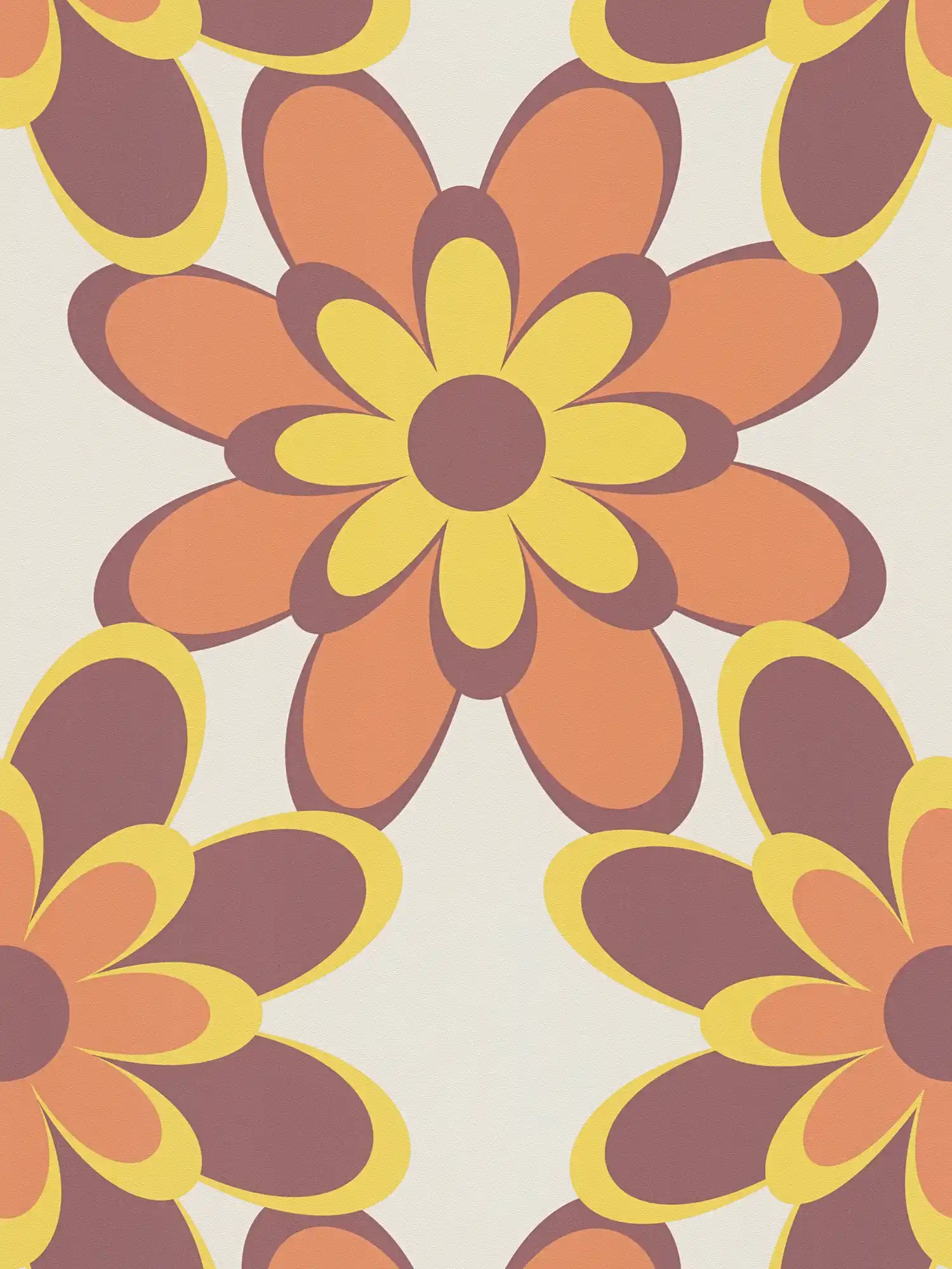         Papier peint rétro 70's motif fleurs - orange, jaune, marron
    