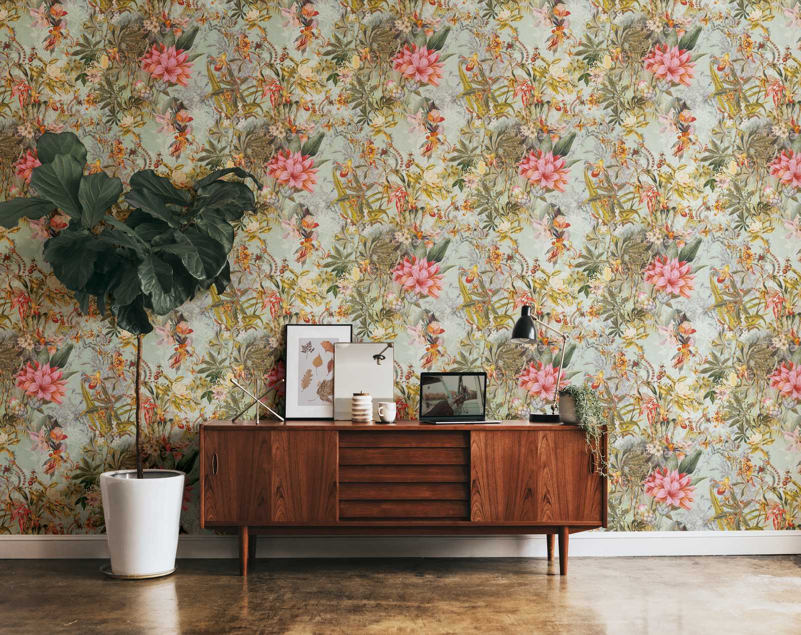             Vliestapete Vintage Dschungel Muster – Grün, Rosa
        