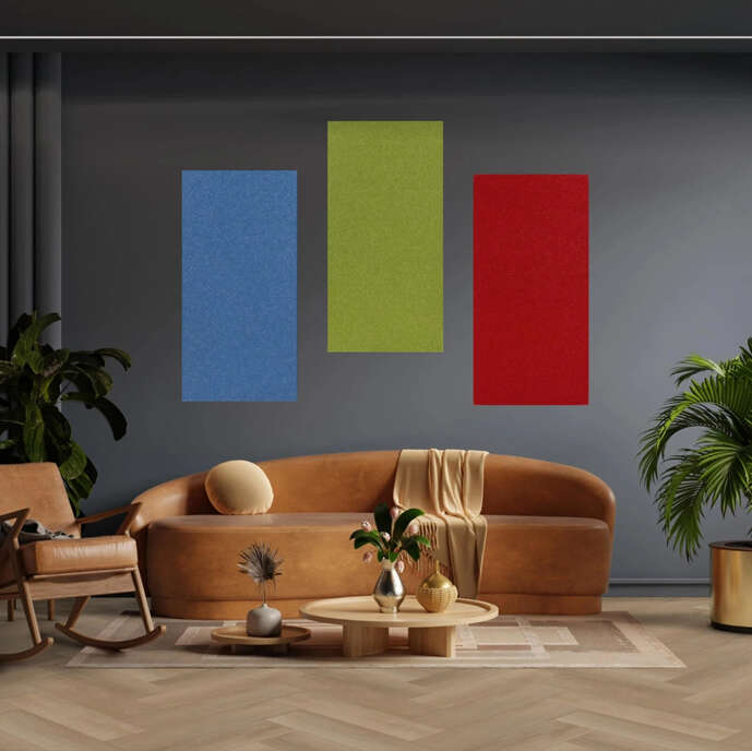sofa, wohnzimmer, wandkunst, abstrakte panel, topfpflanze
