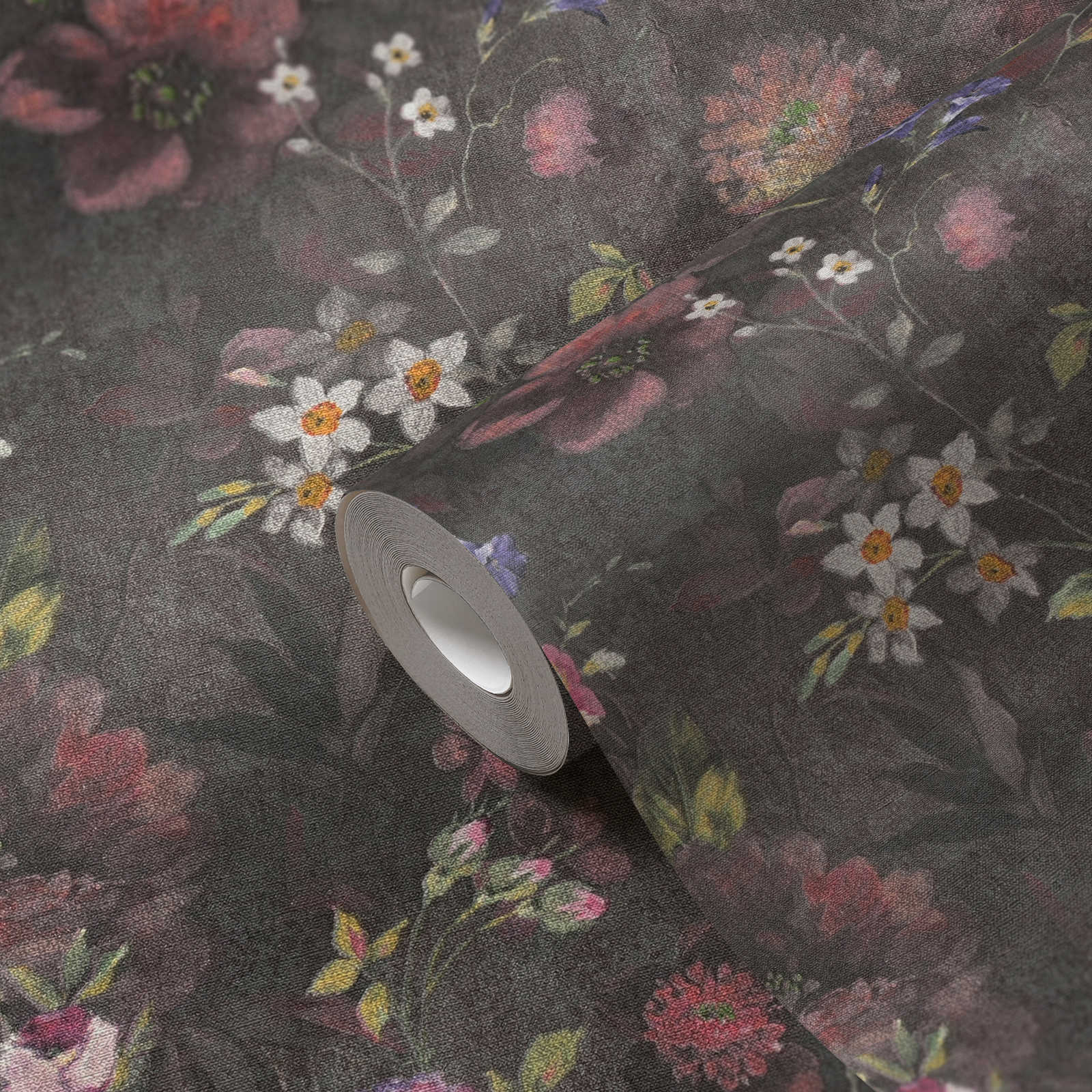             Papier peint intissé floral avec motif à fleurs sans PVC - noir, multicolore, vert
        