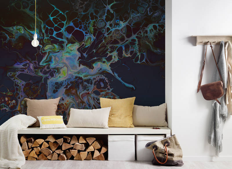 wanddekoration, abstract-wall, dunkelblau, feuerholz-stauraum, wohnzimmer