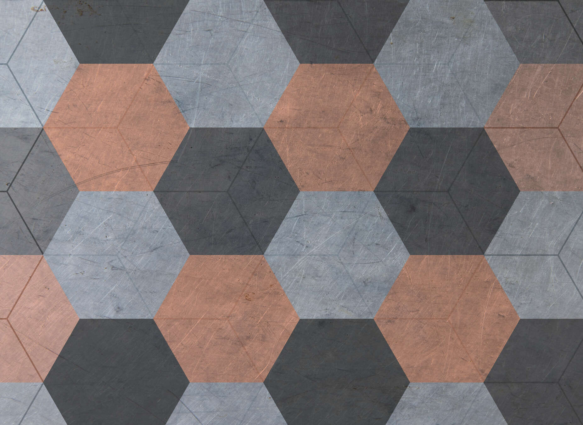 geometrischer boden, fliesenmuster, hexagon, kupferfarben, grau-schwarz