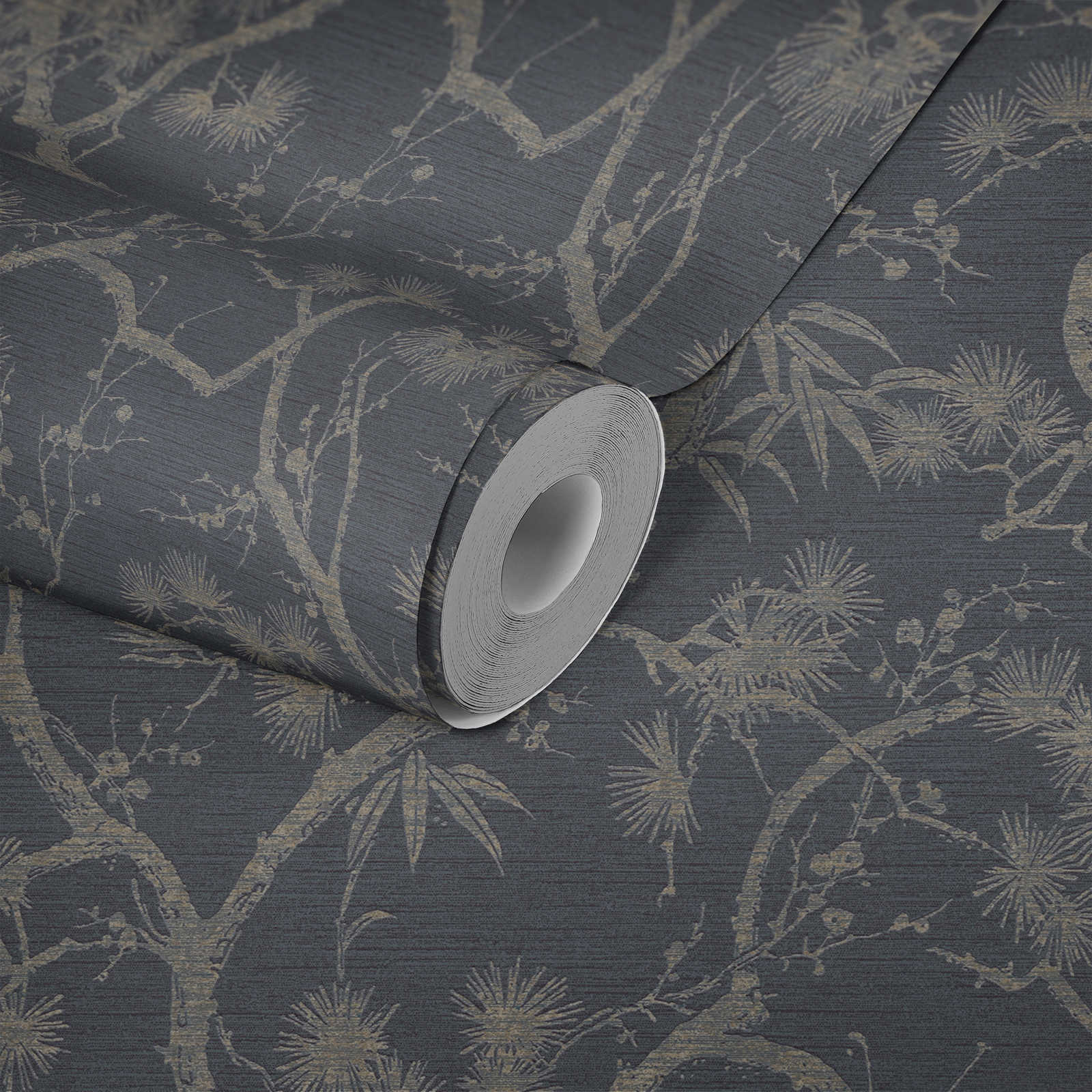             Vliesbehang in Aziatische stijl met goudeffect - grijs, metallic, zwart
        